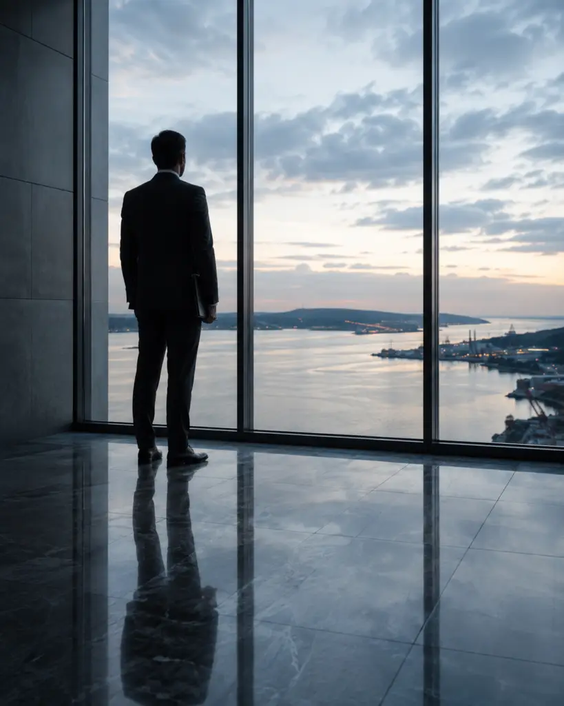 Man in a dark suit standing at a floor-to-ceiling window overlooking a harbour coastline at dawn, silhouetted against the sky